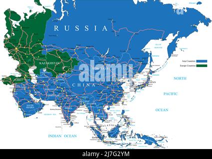 Highly detailed vector map of Asia with countries, main cities and roads. Stock Vector