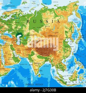 Highly detailed physical map of Asia,in vector format,with all the relief forms. Stock Vector