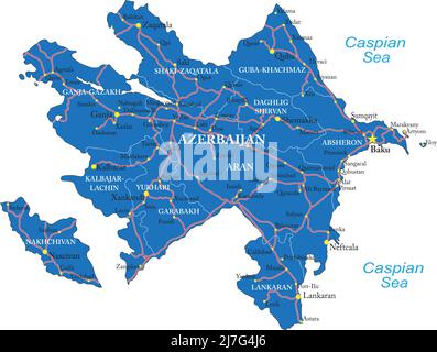 Highly detailed vector map of Azerbaijan with administrative regions,main cities and roads. Stock Vector