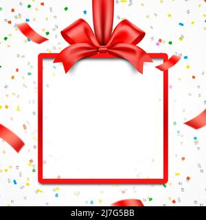 Red giftbox frame with satin ribbon and exploded confetti, gift card vector design. Stock Vector