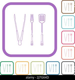 barbecue tools, tongs fork and spatula outline simple icons in color rounded square frames on white background Stock Vector