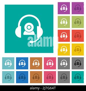 Video assistance solid multi colored flat icons on plain square backgrounds. Included white and darker icon variations for hover or active effects. Stock Vector