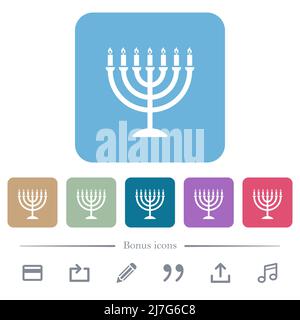 Menorah with burning candles solid white flat icons on color rounded square backgrounds. 6 bonus icons included Stock Vector