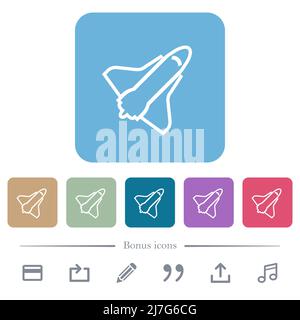Space shuttle outline white flat icons on color rounded square backgrounds. 6 bonus icons included Stock Vector