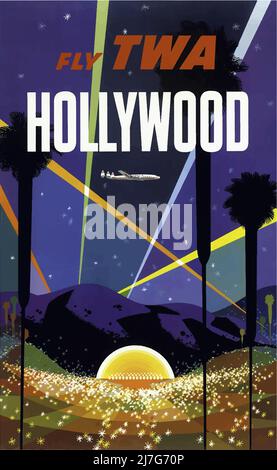 Vintage 1960's Travel Poster -  Hollywood - Fly TWA, Trans World Airlines Stock Photo