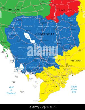 Cambodia highly detailed vector map with administrative regions,main cities and roads. Stock Vector