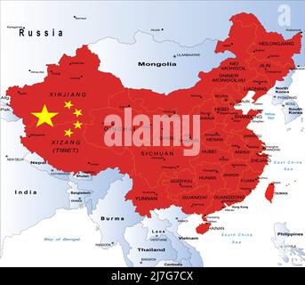 Highly detailed map of China with all different regions and main cities Stock Vector