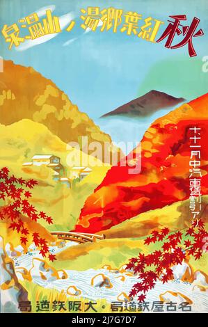 Vintage 1930s Japanese Travel Poster - Autumn and Onsen - An onsen is a Japanese hot spring and Bathing spot. Stock Photo