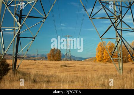 Power pylons near Twizel, North Otago, South Island, New Zealand Stock Photo