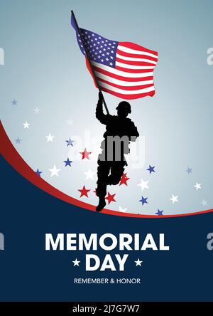 happy memorial day USA. American soldier running with flag. vector illustration design Stock Vector