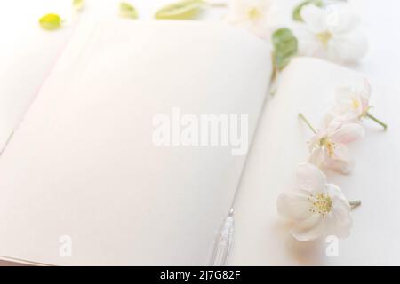 Open book with blank sheets and a pen in apple blossoms around. Inspiration concept to create or write in spring mood Stock Photo