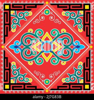Oriental vector square pattern inspired by folk art from Monogolia and Central Asia, traditional decor with swirls and flower Stock Vector