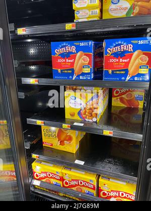 Grovetown, Ga USA - 04 20 22: Walmart freezer section Corn dogs Stock Photo