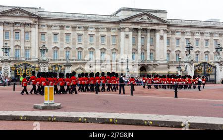 London, United Kingdom - June 29, 2010  : Queens Guards marching towards Buckingham Palace during the Changing of The Guards ceremony. Stock Photo