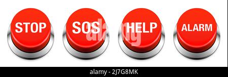 Red buzzer button vector set. Stop, SOS, Help, and Alarm realistic buttons isolated on white background. Stock Vector