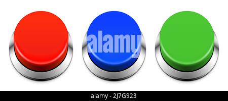 Set of red, blue, and green buttons with metal rings. Colorful vector buzzer buttons isolated on white background Stock Vector