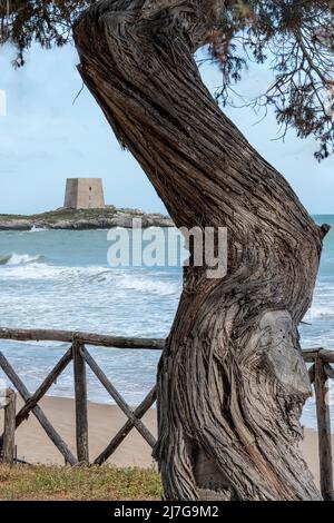The Gusmay Tower, one of the watchtowers, seen from the bay of Manacore or Bescile. Peschici, Foggia province, Puglia, Italy, Europe Stock Photo