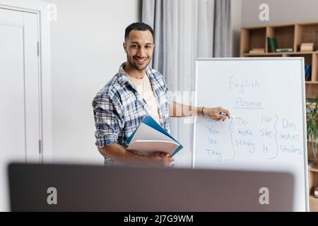Online tutoring. Happy male teacher giving English class, pointing at blackboard and smiling at laptop webcam Stock Photo