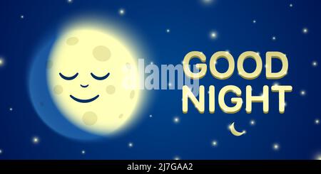 Good Night vector banner design with a sleeping moon cartoon character on a blue starry sky background. Stock Vector