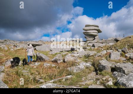 A dog walker climbing up Stowes hill towards towering granite rock stack The Cheesewring left by glacial action on Bodmin Moor in Cornwall. Stock Photo