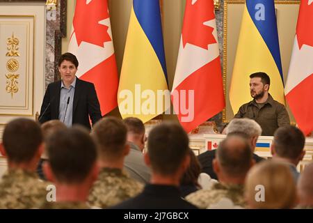 Canadian Prime Minister Justin Trudeau meets with Ukrainian President Volodymyr Zelenskyy during a visit to the Ukrainian capital of Kyiv, Ukraine, on May 8, 2022. The two leaders took part in a video conference of the G7 leaders, led by Olaf Scholz, Federal Chancellor of Germany, who chairs the G7, and organized the summit. At the end of the meeting, President Zelenskyy presented medals to Ukrainians who took part in the demining of the country, particularly Patron, a Jack Russell Terrier, who was taught to sniff out mines by his owner Major Mykhailo Iliev of the Civil Protection Service. Pho Stock Photo