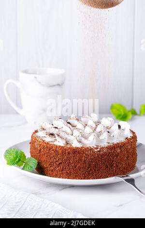 Perfect homemade tiramisu cake sprinkled with cocoa powder. Close up. Copy space Stock Photo