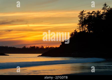 Mackenzie Beach Sunset Tofino. Mackenzie Beach at sunset on the west coast of Vancouver Island in Tofino. BC, Canada. Stock Photo