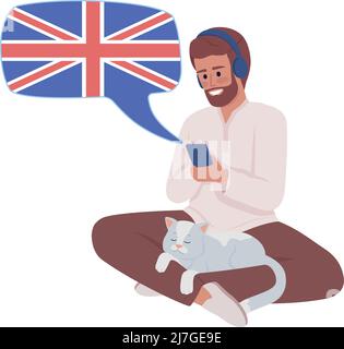 Man listening to audio british english course semi flat color vector character Stock Vector