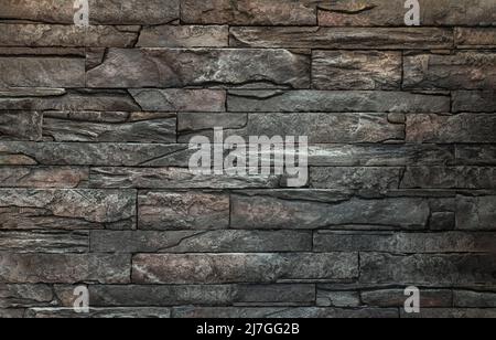 Soft light on pieces of Stone cladding wall. made of striped stacked slabs of natural brown rocks for walls texture and background, Copy space, Select Stock Photo