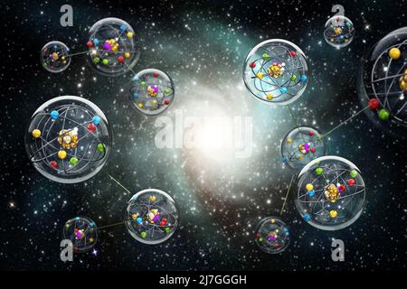 Connected spheres with molecules connected to each other. Parallel universes concept. 3D illustration. Stock Photo