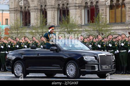Moscow, Russia. 09th May, 2022. Russian Defense Minister Sergei Shoigu salutes as he passes the review stand during the 77th annual Victory Day military parade celebrating the end of World War II at Red Square, May 9, 2022 in Moscow, Russia. Credit: Mikhail Metzel/Kremlin Pool/Alamy Live News Stock Photo