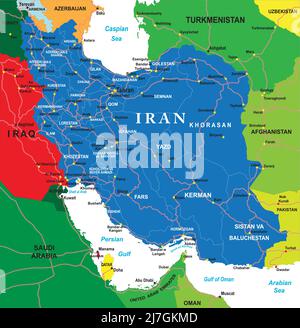 Highly detailed vector map of Iran with administrative regions, main cities and roads. Stock Vector