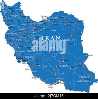 Iran highly detailed vector map with administrative regions, main cities and roads. Stock Vector