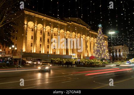 Tbilisi, Georgia - 24 December: Christmas tree in front of the Parliament Stock Photo