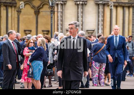 London UK, 9 May 2022. Jacob Rees-Mogg Minister of State for Brexit Opportunities and Government Efficiency  leaves St Margaret's church, Westminster after a thanksgiving church service to honour James Brokenshire MP who served as Northern Ireland secretary and died on 7 October 2021 after being diagnosed with cancer. Credit. amer ghazzal/Alamy Live News Stock Photo