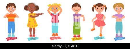 Children pointing body parts. Little boys or girls show hand, leg and tummy. Cartoon kids characters demonstrate heads and stomachs. Educational Stock Vector