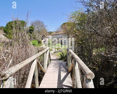 Wooden walkway in Laguna de Ruidera nature park. Castile La Mancha, Spain. High quality photo Stock Photo