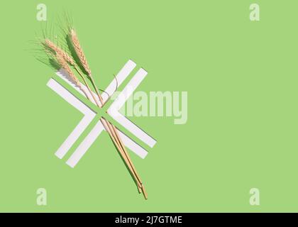 Ears and grains of wheat in a cross shape hole cut into paper. Celiac Disease Awareness Month Concept. Gluten Intolerance. Stock Photo