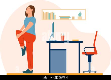 Workplace workout people. Woman doing sport exercises in office. Work break. Healthy lifestyle. Workspace physical training scene. Vector worker Stock Vector
