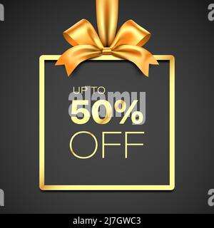 Luxury style 50 percent discount gift card vector design. Premium golden giftbox frame with satin ribbon, on black background. Stock Vector