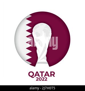 Qatar 2022 World Cup logo with white background and the champions cup on the flag of the country Stock Vector