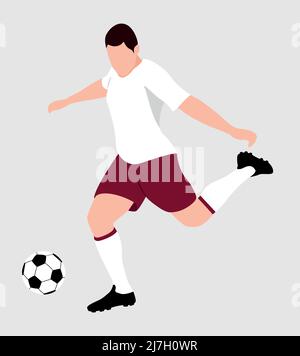 Flat drawing of a soccer player in the Qatar 2022 World Cup colors hitting a soccer ball Stock Vector