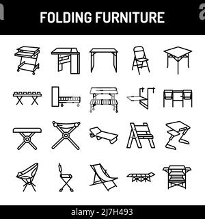 Folding furniture color line icons set. Signs for web page, mobile app, button. Editable stroke. Stock Vector