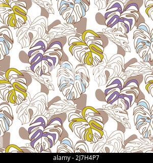 Tropical leaf Wallpaper, Monstera nature leaves pattern design, Jungle green leaf line arts, Hand drawn outline design for fabric, camouflage spots Stock Vector