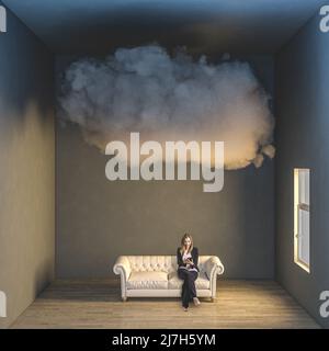 woman sitting on sofa uses a smart, big cloud over her. cloud storage concept Stock Photo