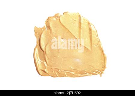 Face scrub smear texture. Cream skincare cosmetic. Organic stroke. Feet oily cleanser smudge. Particles in gel. White background. Top view. Yellow fluid treatment Stock Photo