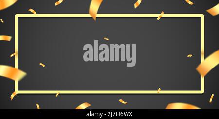 Luxury style golden frame with flying confetti on a black background, gift card vector design. Stock Vector