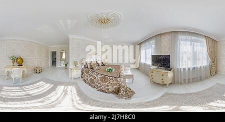 360 degree panoramic view of full 360 hdri panorama view in bedroom room in luxury elite vip expensive hotel or apartment  in equirectangular seamless spherical projection, skybox