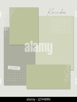 June 2022 Reminder template calendar. To-do list, scrapbooking, notes, plans, vintage style. Vector illustration Stock Vector