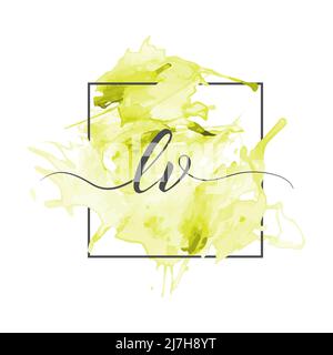 Calligraphic lowercase letters L and V are written in a solid line on a colored background in a frame Stock Vector